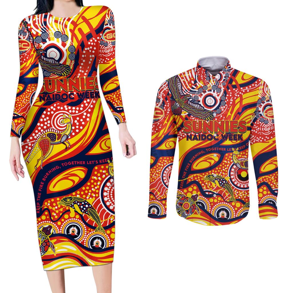 Custom NAIDOC Week 2024 Sunnies Couples Matching Long Sleeve Bodycon Dress and Long Sleeve Button Shirt Aboriginal Animals Keep The Fire Burning