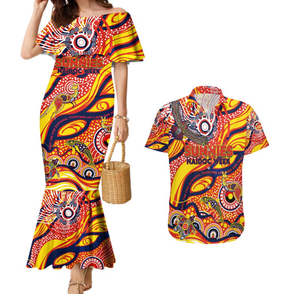 Custom NAIDOC Week 2024 Sunnies Couples Matching Mermaid Dress and Hawaiian Shirt Aboriginal Animals Keep The Fire Burning