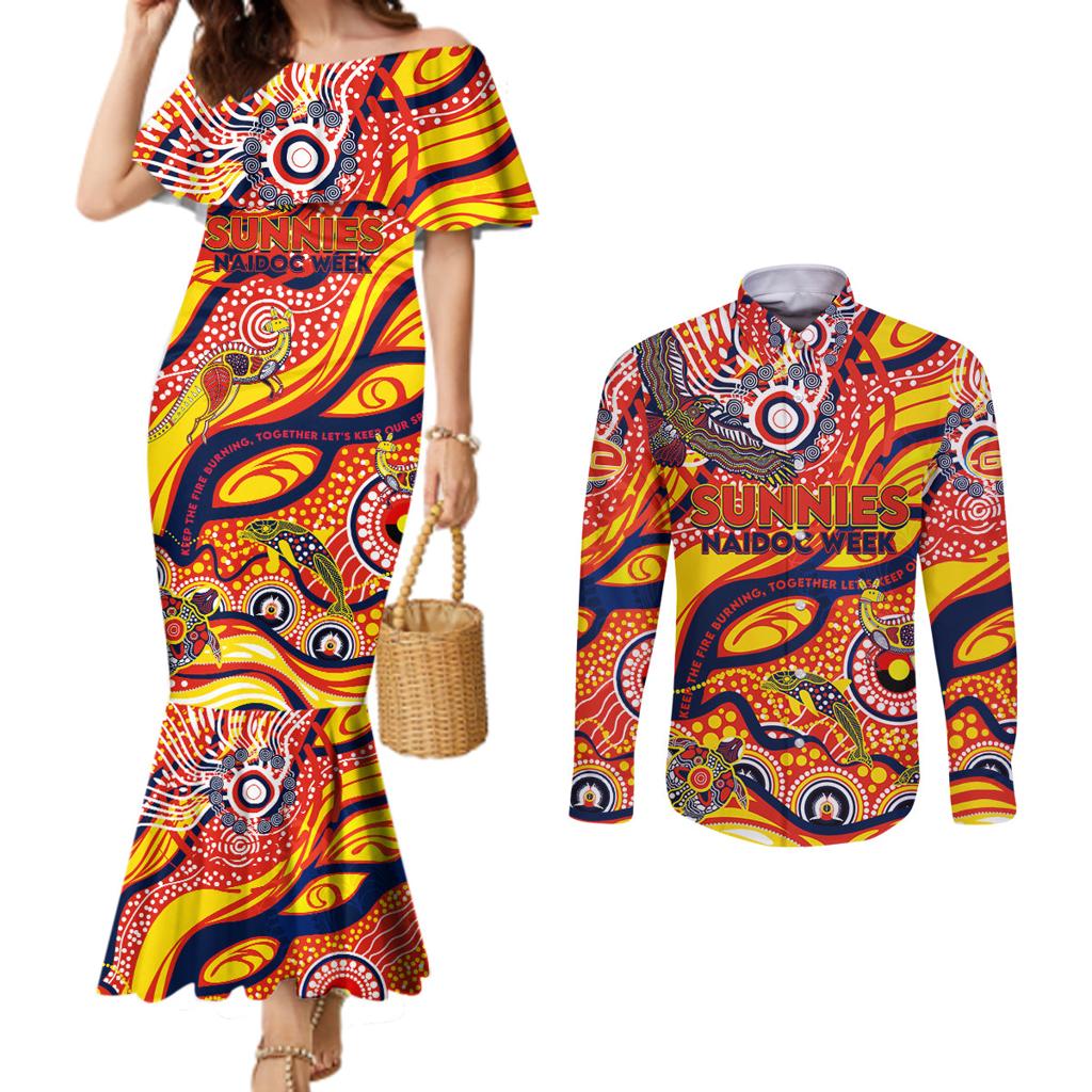 Custom NAIDOC Week 2024 Sunnies Couples Matching Mermaid Dress and Long Sleeve Button Shirt Aboriginal Animals Keep The Fire Burning