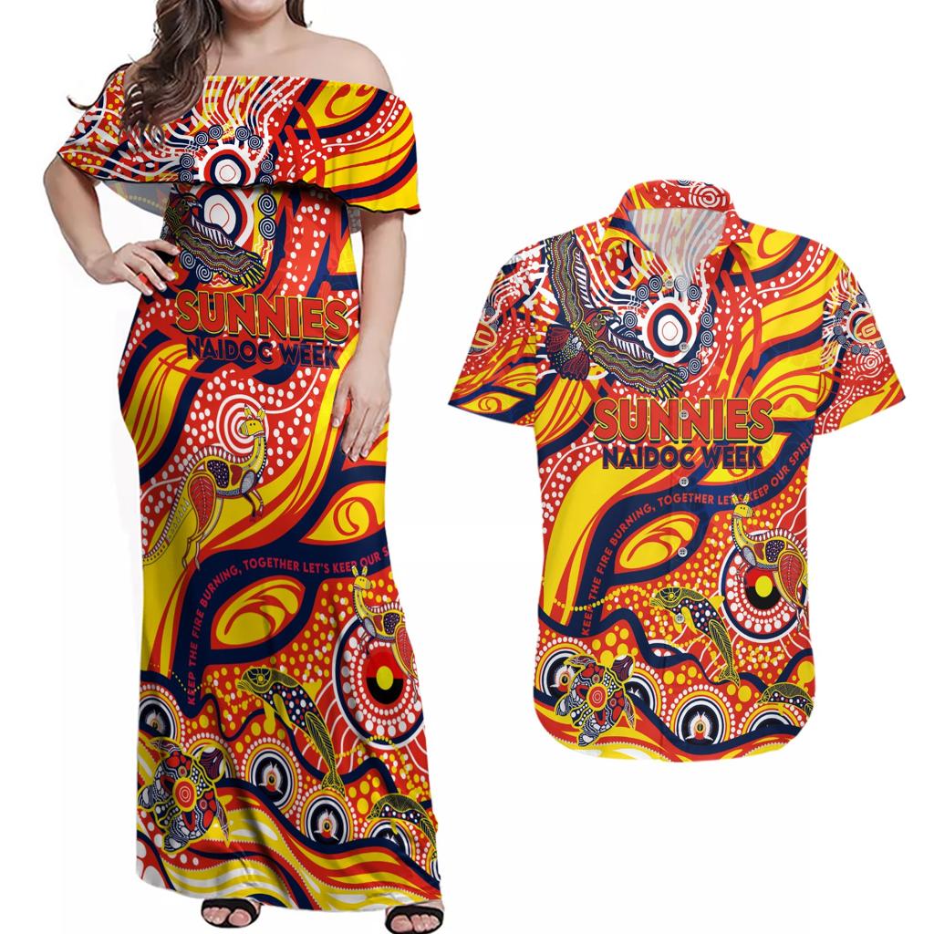 Custom NAIDOC Week 2024 Sunnies Couples Matching Off Shoulder Maxi Dress and Hawaiian Shirt Aboriginal Animals Keep The Fire Burning