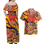 Custom NAIDOC Week 2024 Sunnies Couples Matching Off Shoulder Maxi Dress and Hawaiian Shirt Aboriginal Animals Keep The Fire Burning