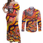 Custom NAIDOC Week 2024 Sunnies Couples Matching Off Shoulder Maxi Dress and Long Sleeve Button Shirt Aboriginal Animals Keep The Fire Burning