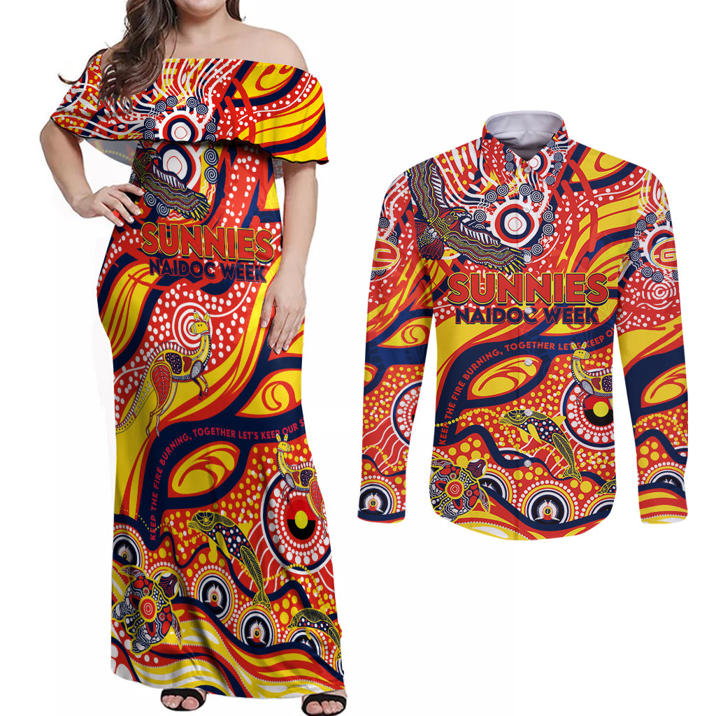 Custom NAIDOC Week 2024 Sunnies Couples Matching Off Shoulder Maxi Dress and Long Sleeve Button Shirt Aboriginal Animals Keep The Fire Burning
