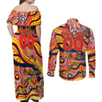 Custom NAIDOC Week 2024 Sunnies Couples Matching Off Shoulder Maxi Dress and Long Sleeve Button Shirt Aboriginal Animals Keep The Fire Burning