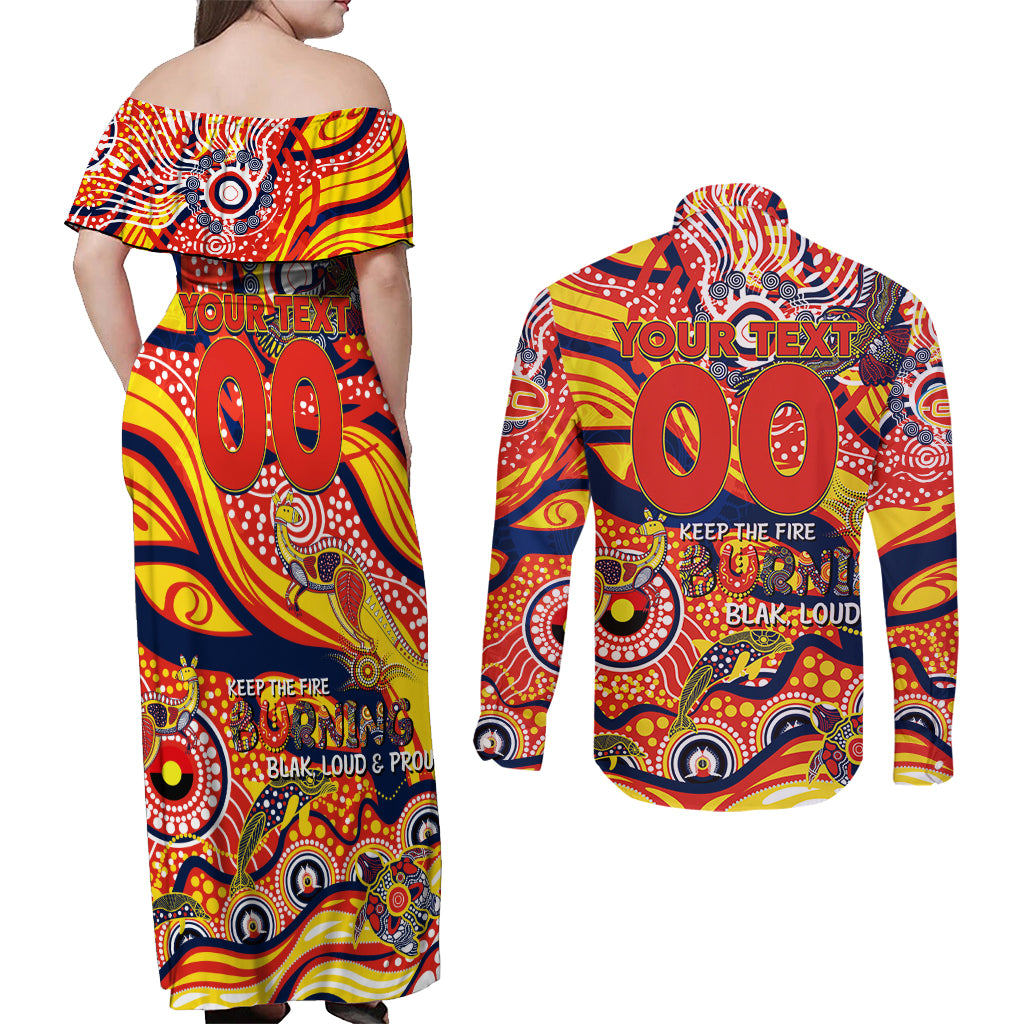 Custom NAIDOC Week 2024 Sunnies Couples Matching Off Shoulder Maxi Dress and Long Sleeve Button Shirt Aboriginal Animals Keep The Fire Burning