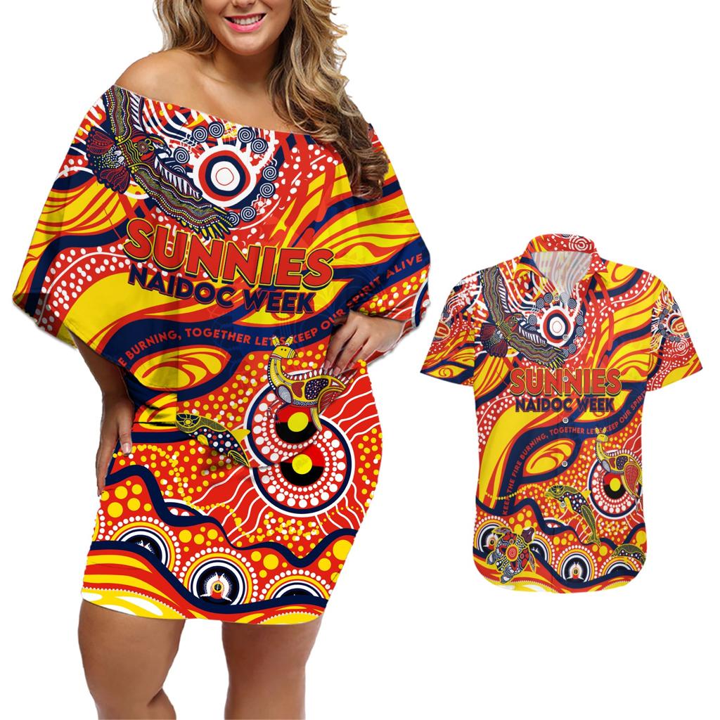 Custom NAIDOC Week 2024 Sunnies Couples Matching Off Shoulder Short Dress and Hawaiian Shirt Aboriginal Animals Keep The Fire Burning