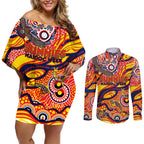 Custom NAIDOC Week 2024 Sunnies Couples Matching Off Shoulder Short Dress and Long Sleeve Button Shirt Aboriginal Animals Keep The Fire Burning