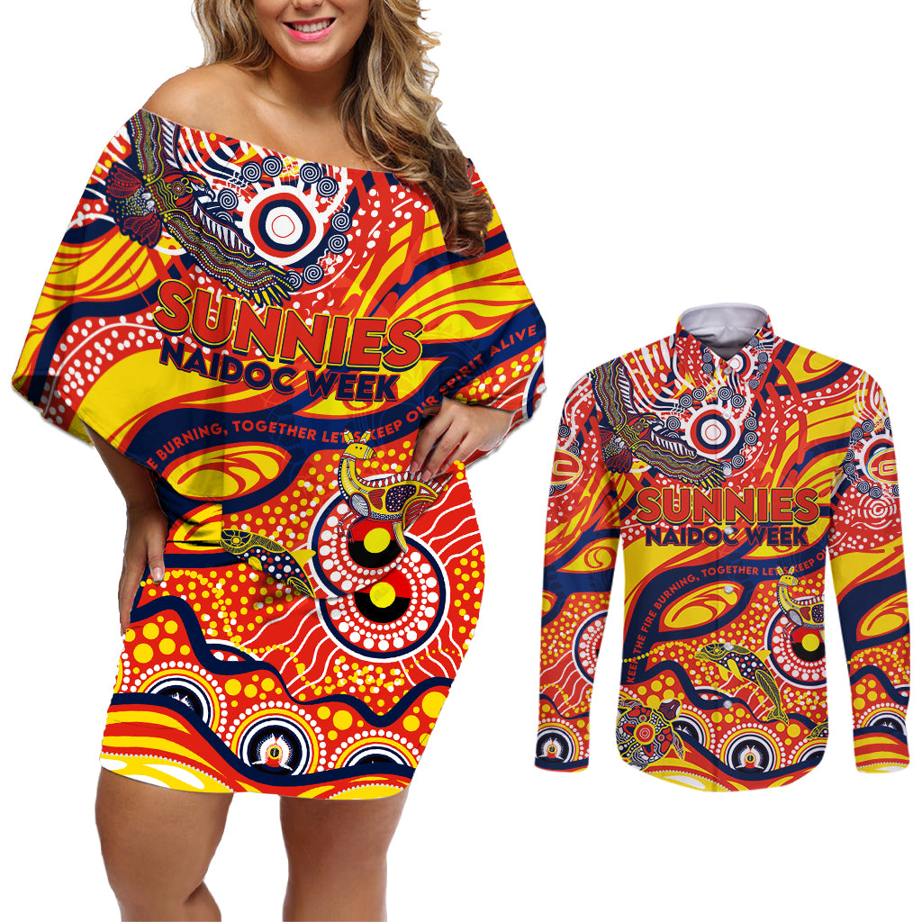 Custom NAIDOC Week 2024 Sunnies Couples Matching Off Shoulder Short Dress and Long Sleeve Button Shirt Aboriginal Animals Keep The Fire Burning