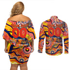 Custom NAIDOC Week 2024 Sunnies Couples Matching Off Shoulder Short Dress and Long Sleeve Button Shirt Aboriginal Animals Keep The Fire Burning