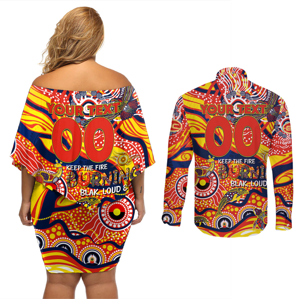 Custom NAIDOC Week 2024 Sunnies Couples Matching Off Shoulder Short Dress and Long Sleeve Button Shirt Aboriginal Animals Keep The Fire Burning