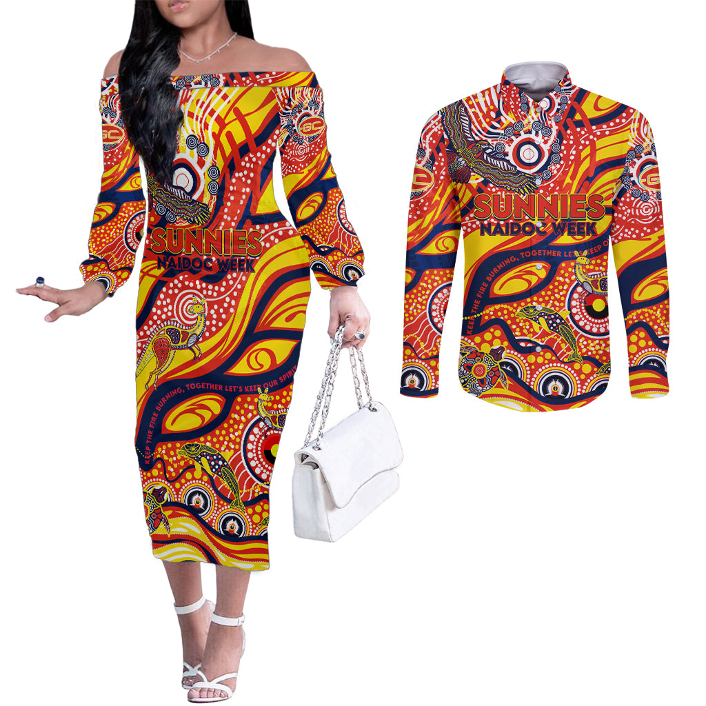 Custom NAIDOC Week 2024 Sunnies Couples Matching Off The Shoulder Long Sleeve Dress and Long Sleeve Button Shirt Aboriginal Animals Keep The Fire Burning