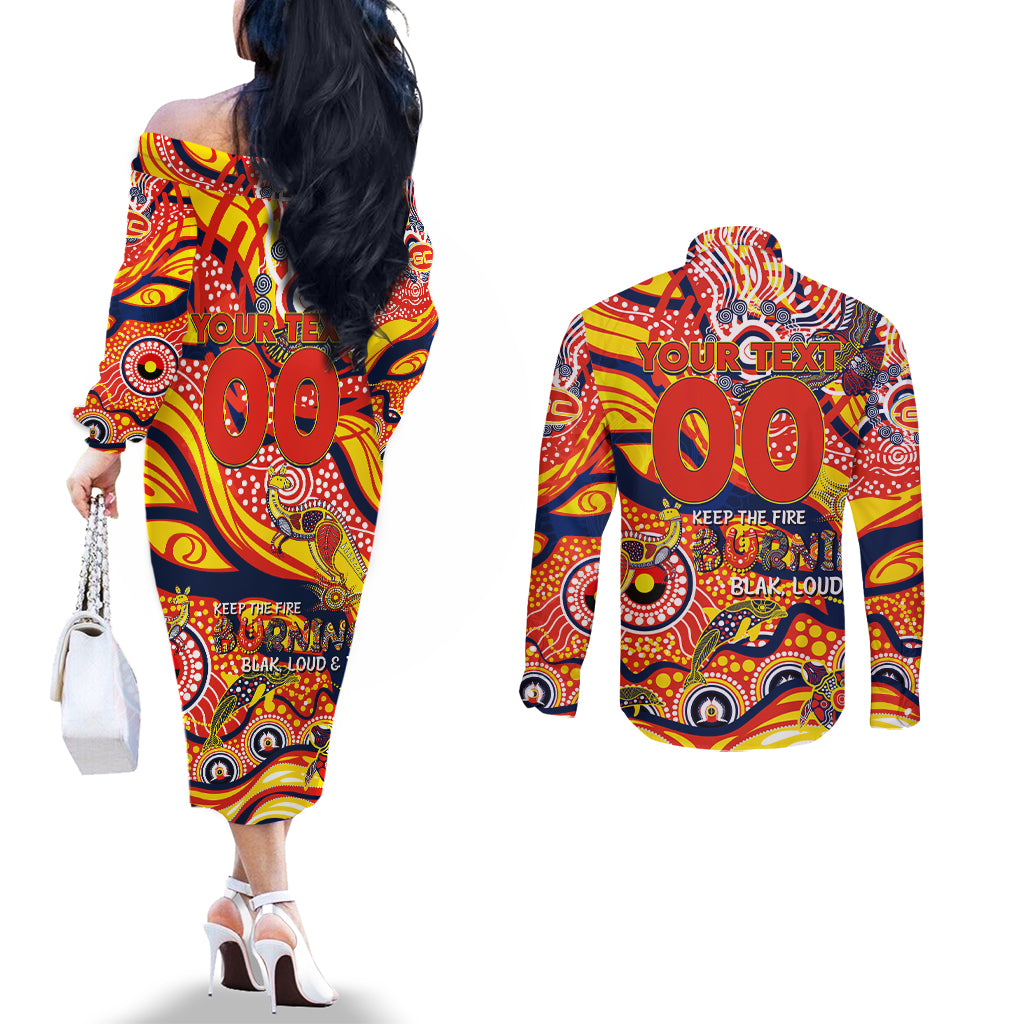 Custom NAIDOC Week 2024 Sunnies Couples Matching Off The Shoulder Long Sleeve Dress and Long Sleeve Button Shirt Aboriginal Animals Keep The Fire Burning