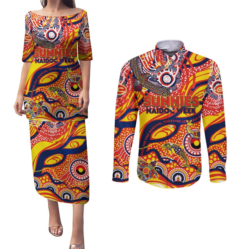 Custom NAIDOC Week 2024 Sunnies Couples Matching Puletasi and Long Sleeve Button Shirt Aboriginal Animals Keep The Fire Burning