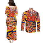 Custom NAIDOC Week 2024 Sunnies Couples Matching Puletasi and Long Sleeve Button Shirt Aboriginal Animals Keep The Fire Burning