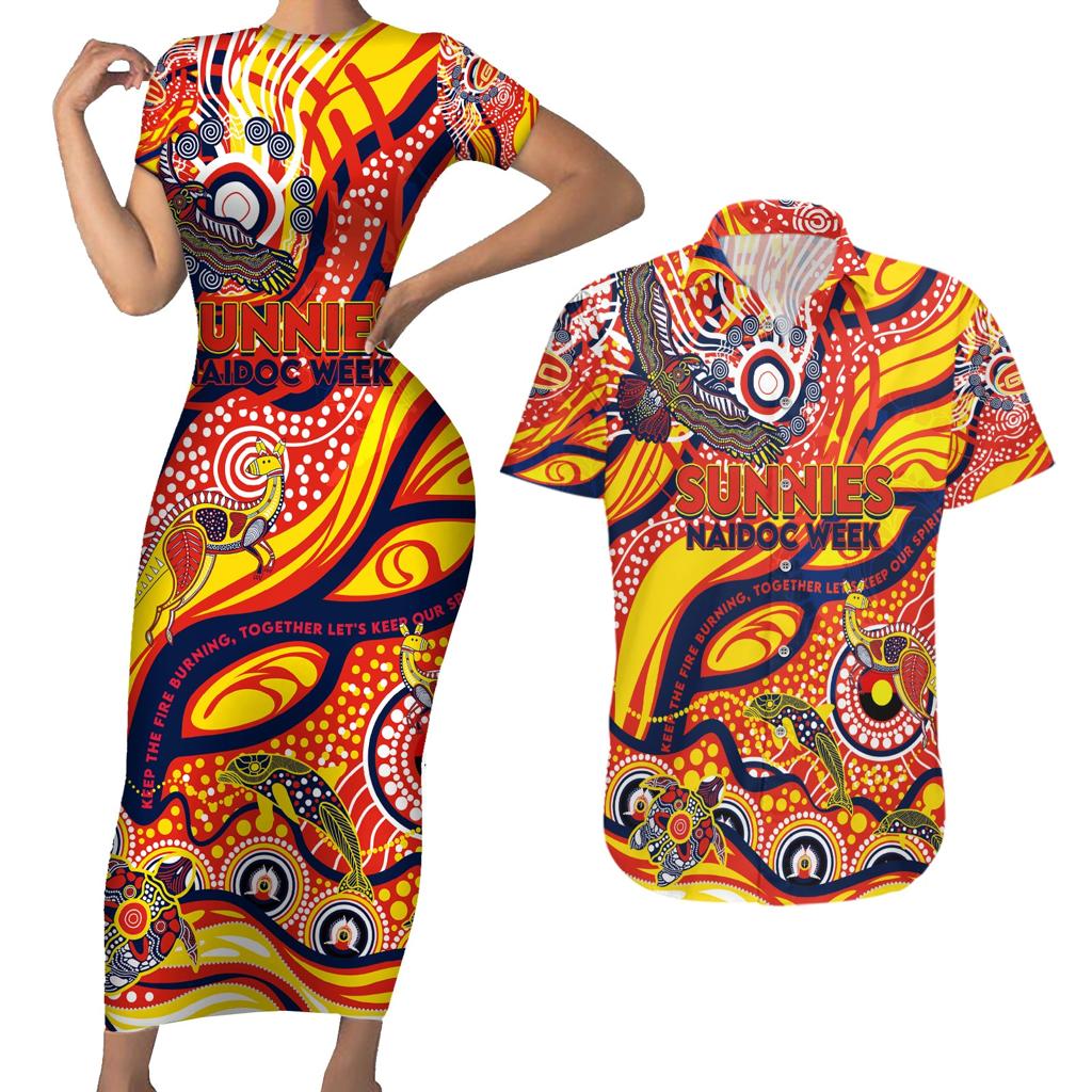 Custom NAIDOC Week 2024 Sunnies Couples Matching Short Sleeve Bodycon Dress and Hawaiian Shirt Aboriginal Animals Keep The Fire Burning