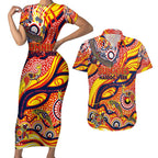 Custom NAIDOC Week 2024 Sunnies Couples Matching Short Sleeve Bodycon Dress and Hawaiian Shirt Aboriginal Animals Keep The Fire Burning