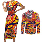 Custom NAIDOC Week 2024 Sunnies Couples Matching Short Sleeve Bodycon Dress and Long Sleeve Button Shirt Aboriginal Animals Keep The Fire Burning