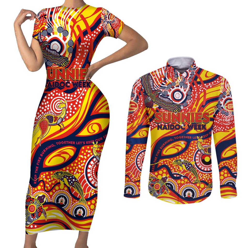 Custom NAIDOC Week 2024 Sunnies Couples Matching Short Sleeve Bodycon Dress and Long Sleeve Button Shirt Aboriginal Animals Keep The Fire Burning