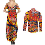 Custom NAIDOC Week 2024 Sunnies Couples Matching Summer Maxi Dress and Long Sleeve Button Shirt Aboriginal Animals Keep The Fire Burning