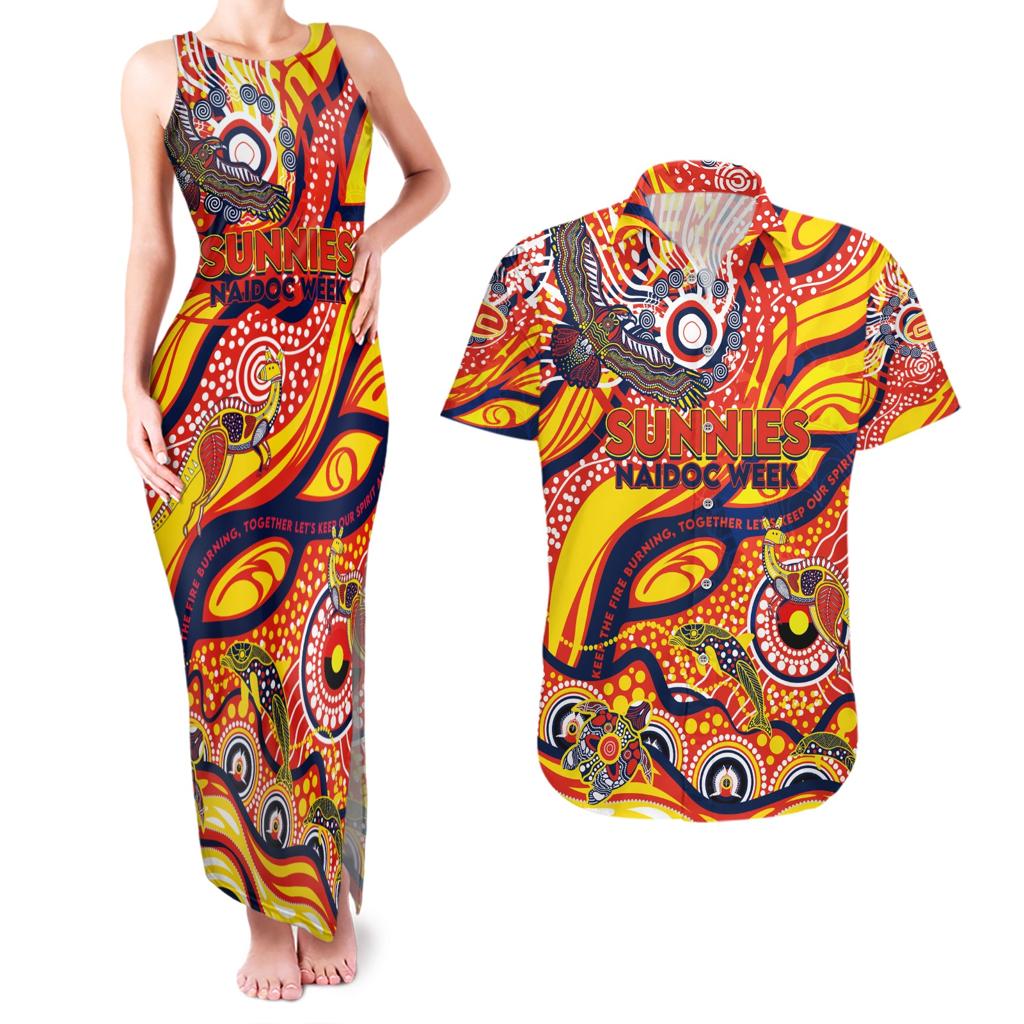 Custom NAIDOC Week 2024 Sunnies Couples Matching Tank Maxi Dress and Hawaiian Shirt Aboriginal Animals Keep The Fire Burning