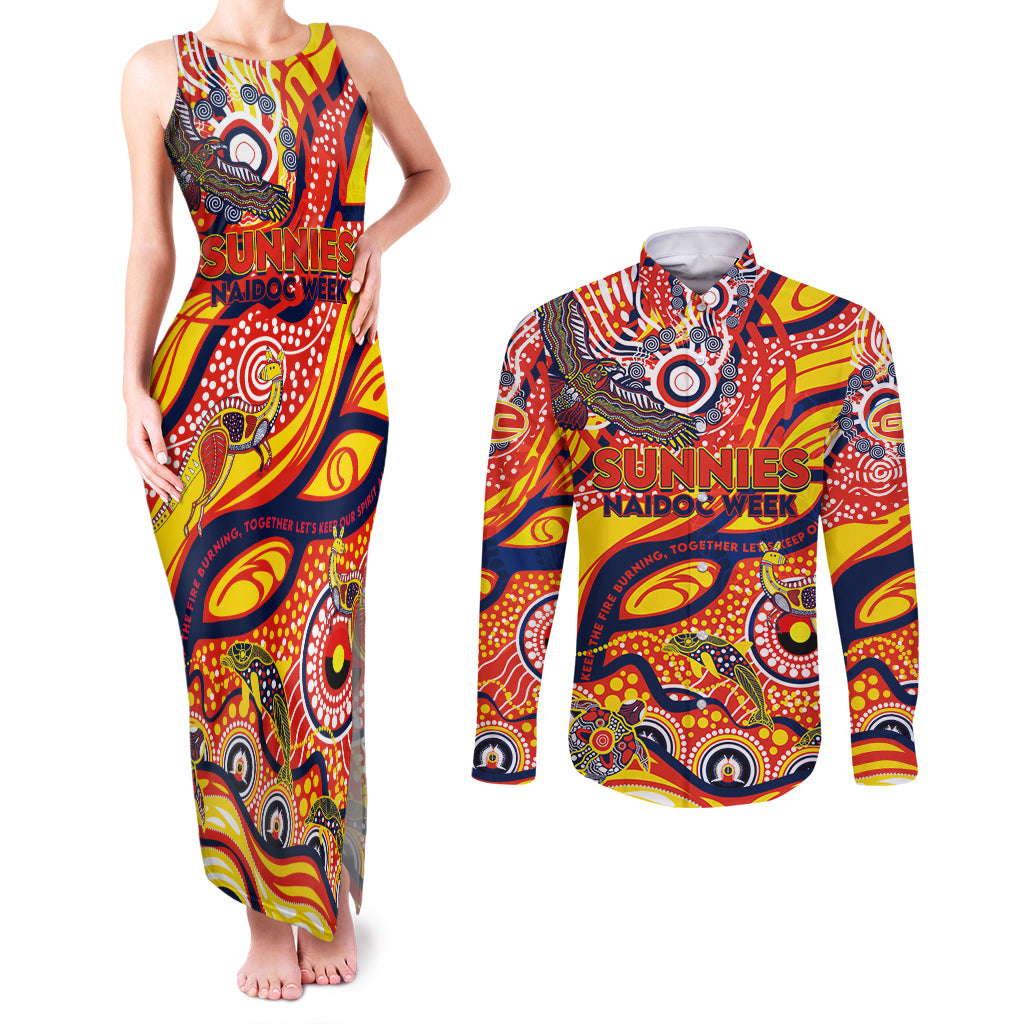 Custom NAIDOC Week 2024 Sunnies Couples Matching Tank Maxi Dress and Long Sleeve Button Shirt Aboriginal Animals Keep The Fire Burning