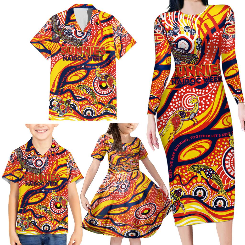 Custom NAIDOC Week 2024 Sunnies Family Matching Long Sleeve Bodycon Dress and Hawaiian Shirt Aboriginal Animals Keep The Fire Burning