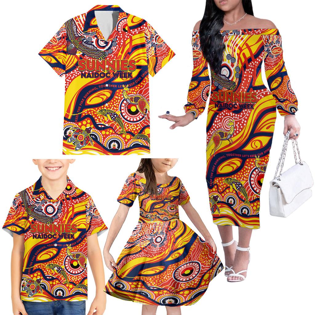 Custom NAIDOC Week 2024 Sunnies Family Matching Off The Shoulder Long Sleeve Dress and Hawaiian Shirt Aboriginal Animals Keep The Fire Burning