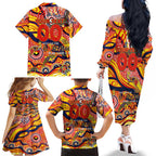Custom NAIDOC Week 2024 Sunnies Family Matching Off The Shoulder Long Sleeve Dress and Hawaiian Shirt Aboriginal Animals Keep The Fire Burning