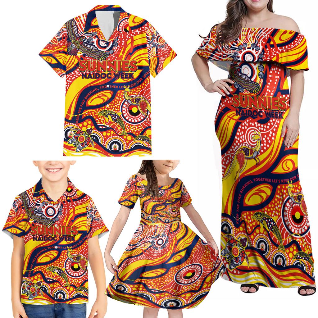 Custom NAIDOC Week 2024 Sunnies Family Matching Off Shoulder Maxi Dress and Hawaiian Shirt Aboriginal Animals Keep The Fire Burning