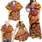 Custom NAIDOC Week 2024 Sunnies Family Matching Off Shoulder Maxi Dress and Hawaiian Shirt Aboriginal Animals Keep The Fire Burning
