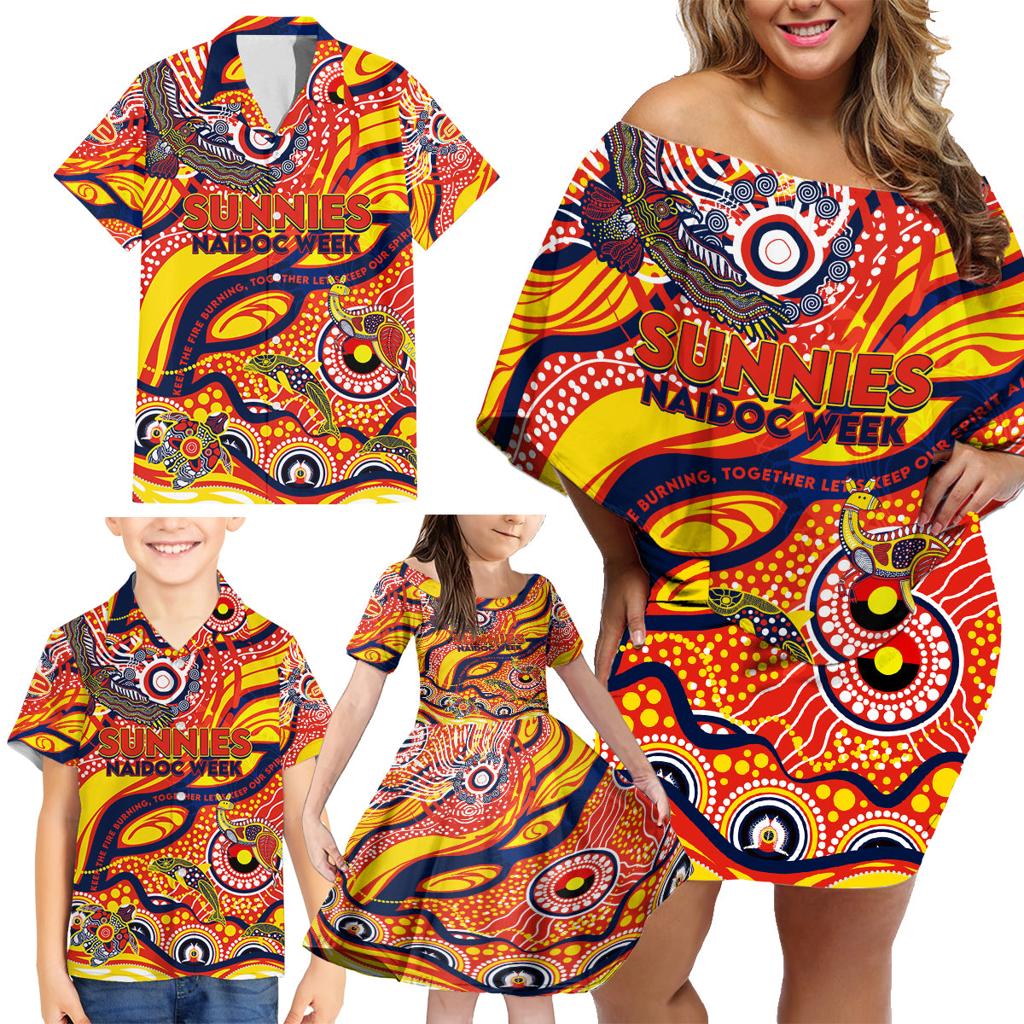 Custom NAIDOC Week 2024 Sunnies Family Matching Off Shoulder Short Dress and Hawaiian Shirt Aboriginal Animals Keep The Fire Burning
