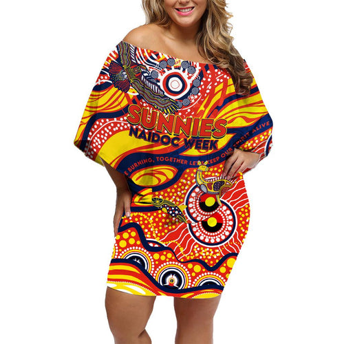 Custom NAIDOC Week 2024 Sunnies Family Matching Off Shoulder Short Dress and Hawaiian Shirt Aboriginal Animals Keep The Fire Burning