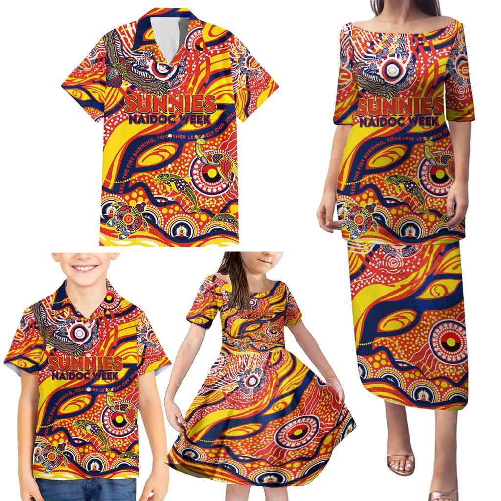 Custom NAIDOC Week 2024 Sunnies Family Matching Puletasi and Hawaiian Shirt Aboriginal Animals Keep The Fire Burning