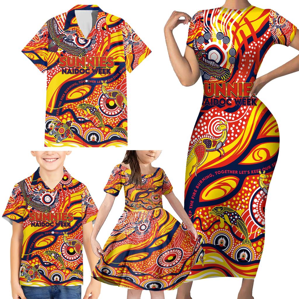 Custom NAIDOC Week 2024 Sunnies Family Matching Short Sleeve Bodycon Dress and Hawaiian Shirt Aboriginal Animals Keep The Fire Burning