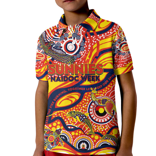 Custom NAIDOC Week 2024 Sunnies Kid Polo Shirt Aboriginal Animals Keep The Fire Burning