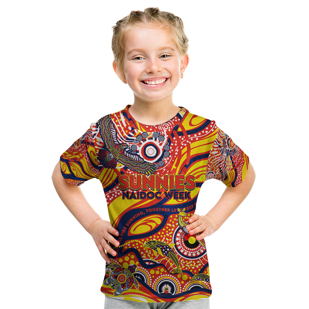 Custom NAIDOC Week 2024 Sunnies Kid T Shirt Aboriginal Animals Keep The Fire Burning
