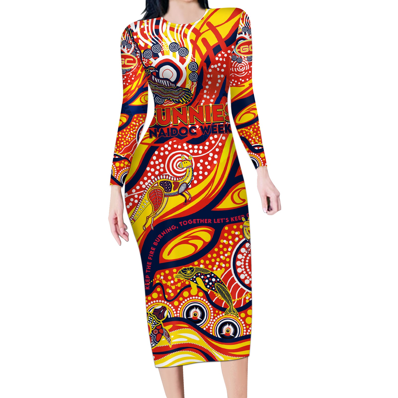 Custom NAIDOC Week 2024 Sunnies Long Sleeve Bodycon Dress Aboriginal Animals Keep The Fire Burning