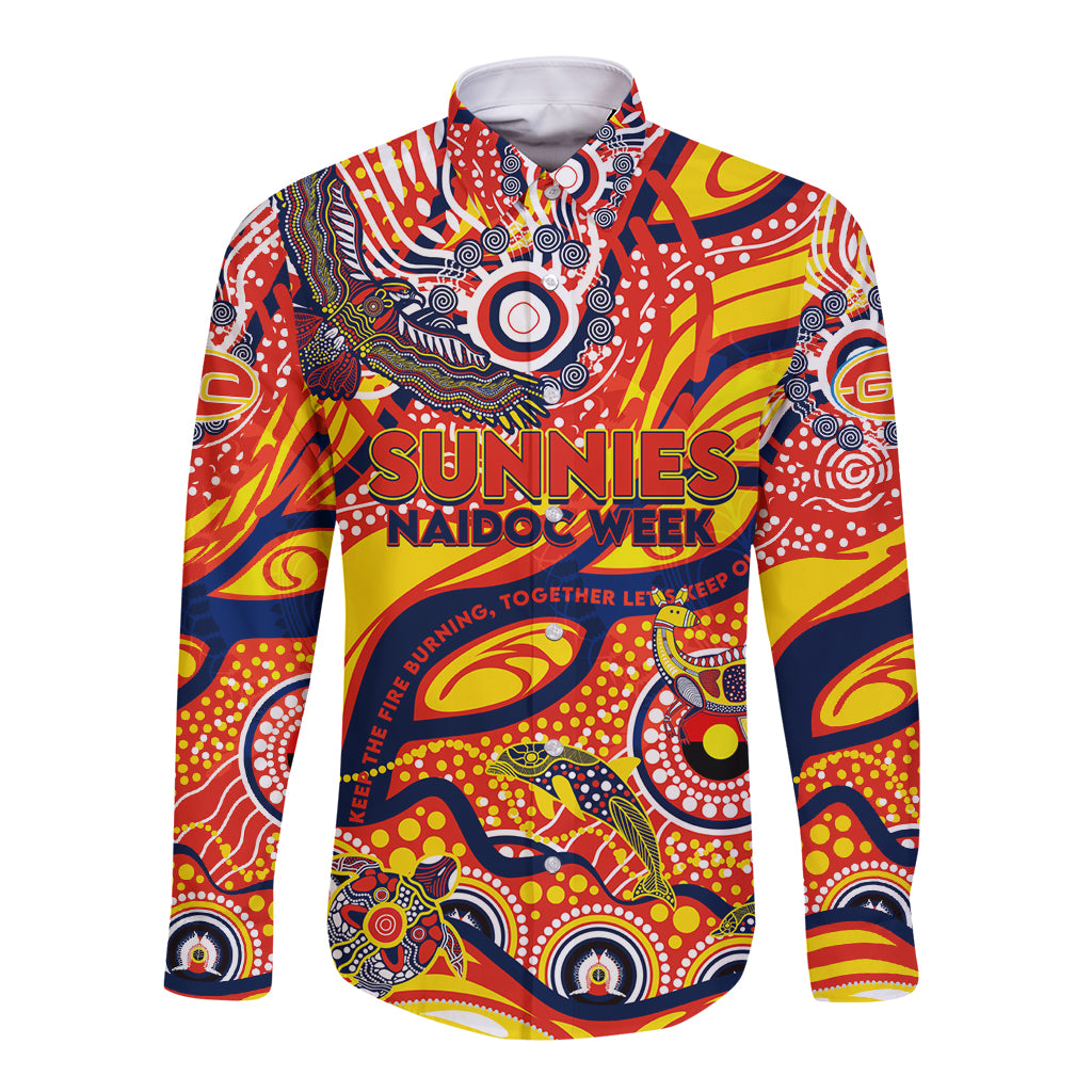 Custom NAIDOC Week 2024 Sunnies Long Sleeve Button Shirt Aboriginal Animals Keep The Fire Burning