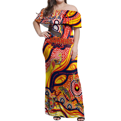 Custom NAIDOC Week 2024 Sunnies Off Shoulder Maxi Dress Aboriginal Animals Keep The Fire Burning
