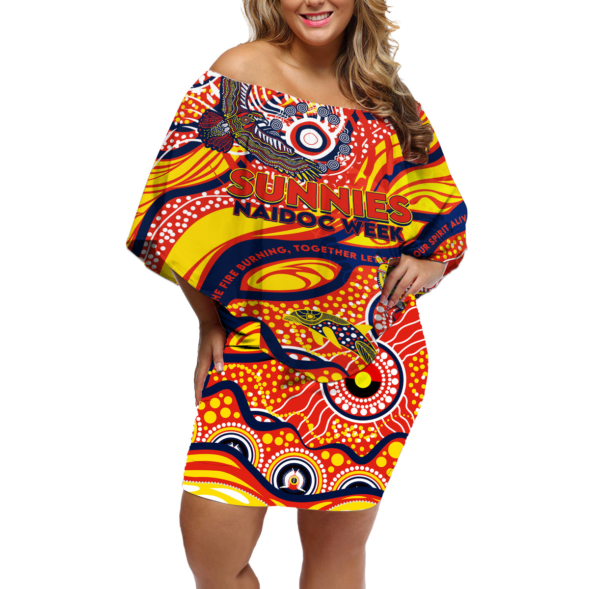 Custom NAIDOC Week 2024 Sunnies Off Shoulder Short Dress Aboriginal Animals Keep The Fire Burning