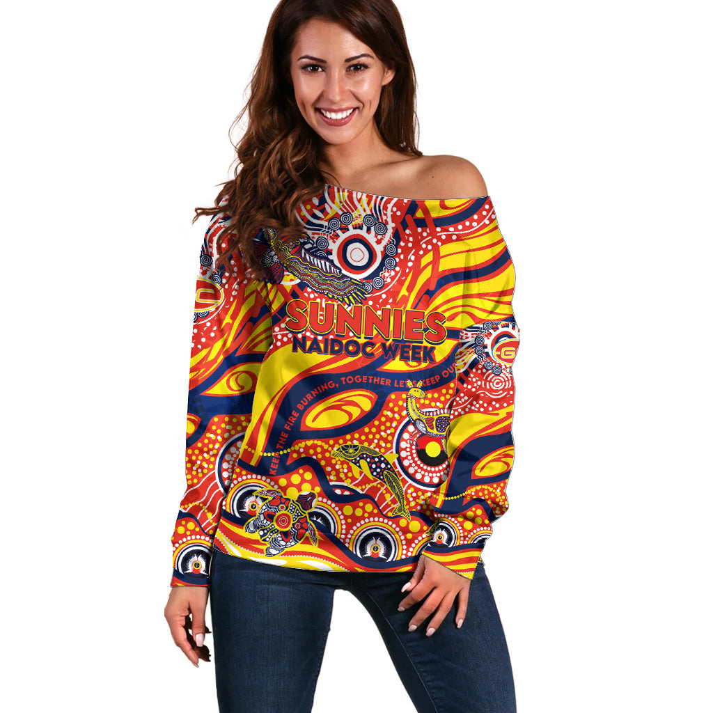 Custom NAIDOC Week 2024 Sunnies Off Shoulder Sweater Aboriginal Animals Keep The Fire Burning