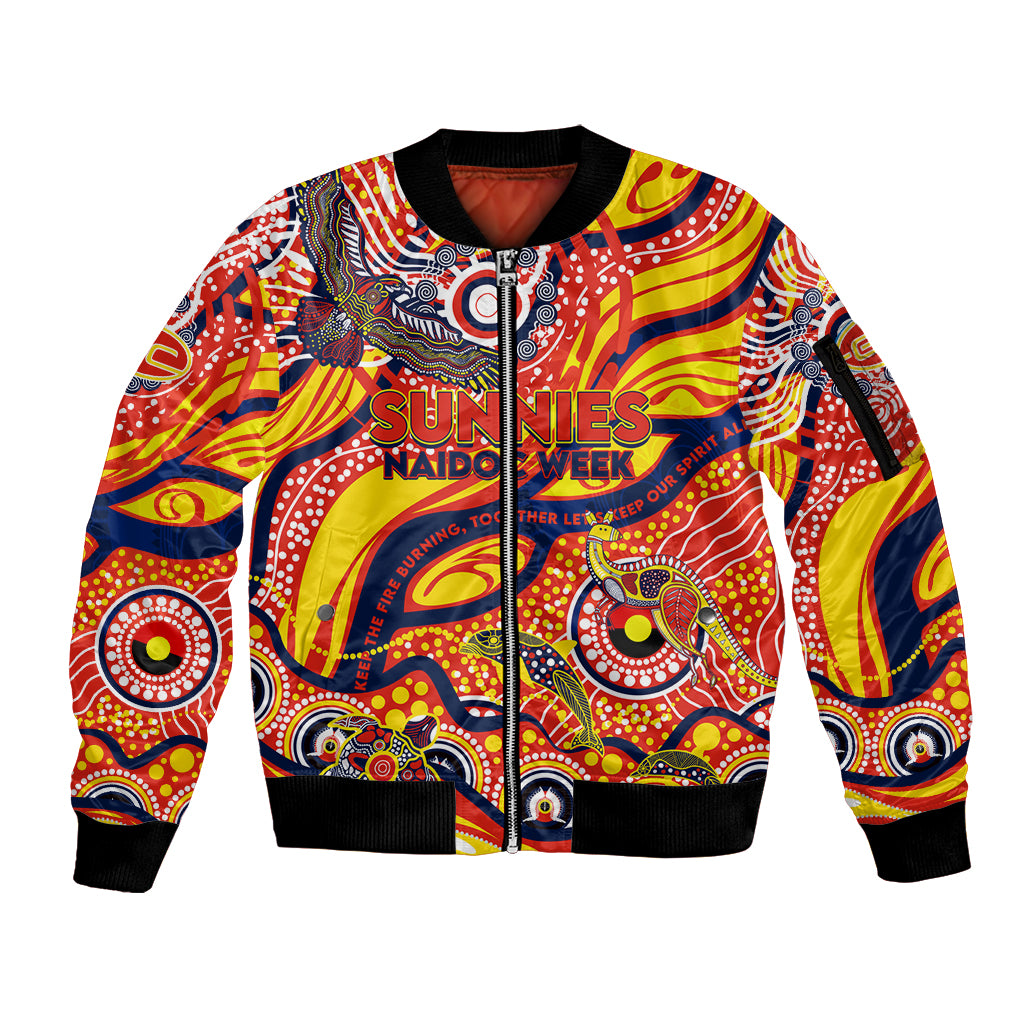 Custom NAIDOC Week 2024 Sunnies Sleeve Zip Bomber Jacket Aboriginal Animals Keep The Fire Burning