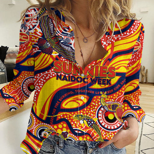 Custom NAIDOC Week 2024 Sunnies Women Casual Shirt Aboriginal Animals Keep The Fire Burning
