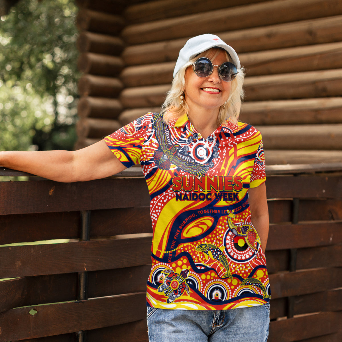 Custom NAIDOC Week 2024 Sunnies Women Polo Shirt Aboriginal Animals Keep The Fire Burning