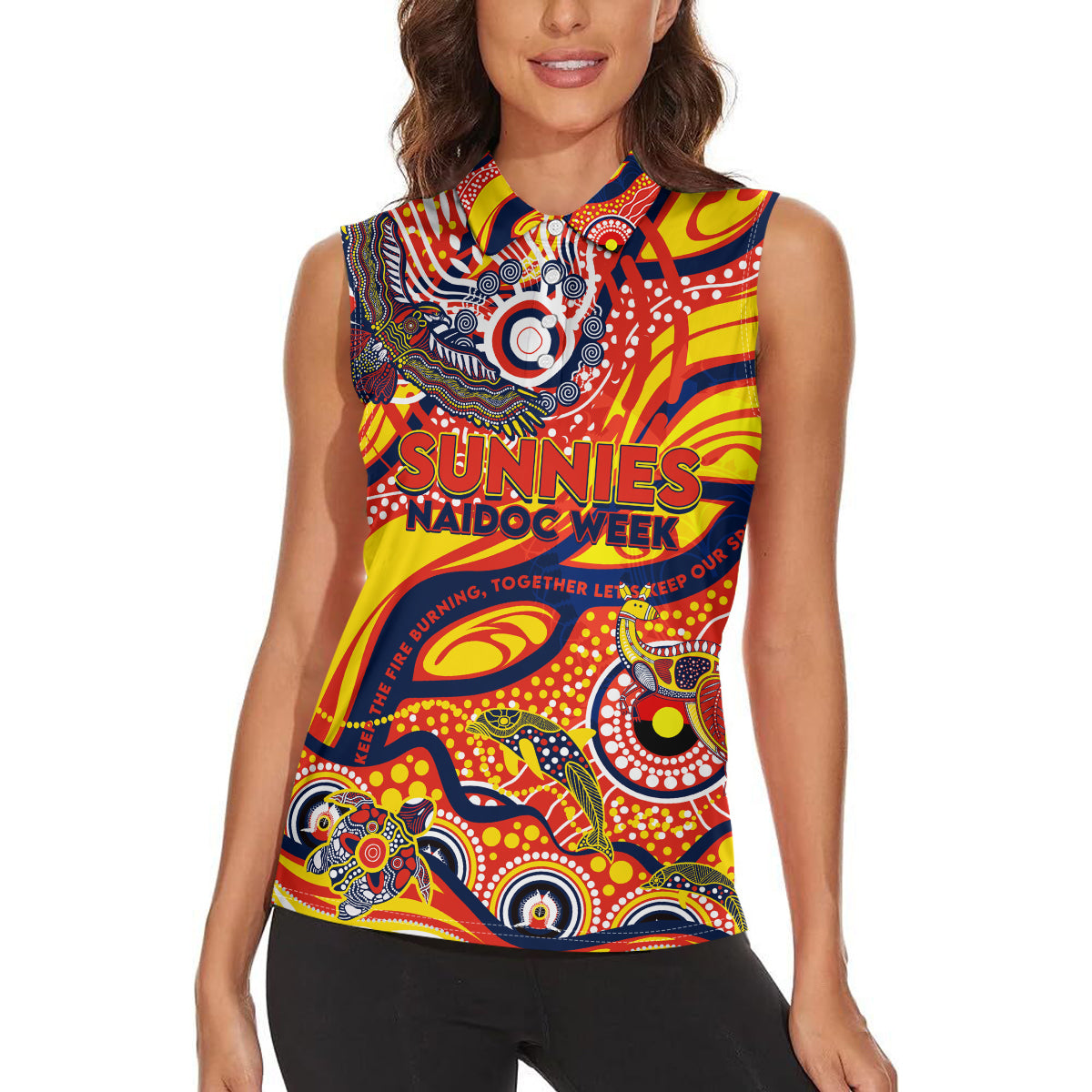 Custom NAIDOC Week 2024 Sunnies Women Sleeveless Polo Shirt Aboriginal Animals Keep The Fire Burning