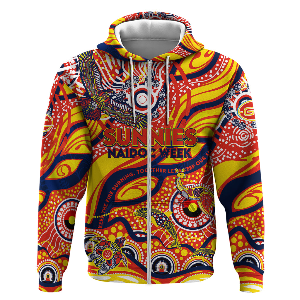 Custom NAIDOC Week 2024 Sunnies Zip Hoodie Aboriginal Animals Keep The Fire Burning