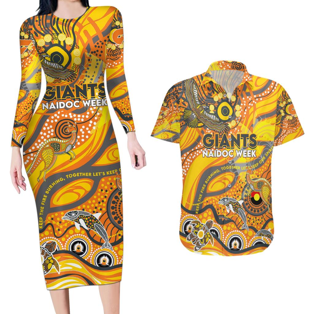 Custom NAIDOC Week 2024 Giants Couples Matching Long Sleeve Bodycon Dress and Hawaiian Shirt Aboriginal Animals Keep The Fire Burning