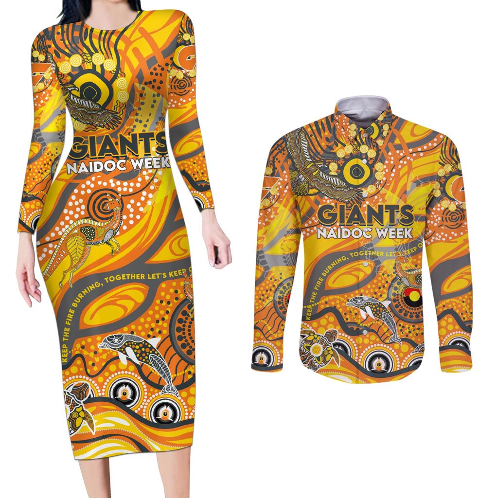 Custom NAIDOC Week 2024 Giants Couples Matching Long Sleeve Bodycon Dress and Long Sleeve Button Shirt Aboriginal Animals Keep The Fire Burning