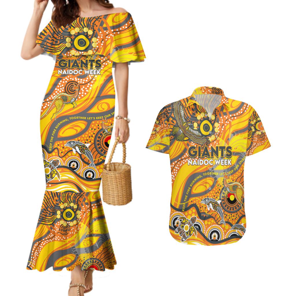 Custom NAIDOC Week 2024 Giants Couples Matching Mermaid Dress and Hawaiian Shirt Aboriginal Animals Keep The Fire Burning