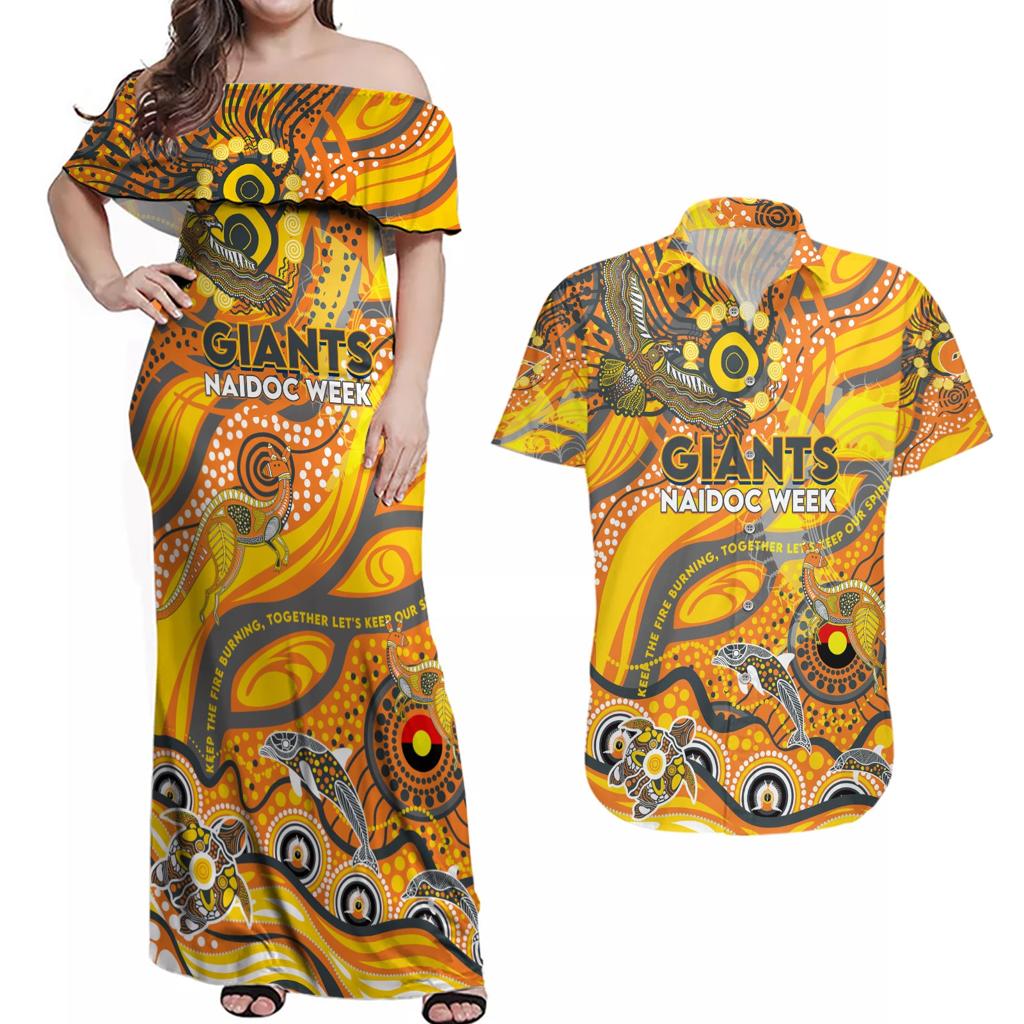 Custom NAIDOC Week 2024 Giants Couples Matching Off Shoulder Maxi Dress and Hawaiian Shirt Aboriginal Animals Keep The Fire Burning
